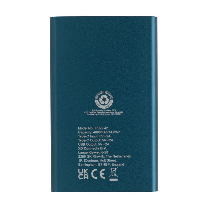 Powerbanka 4000mAh s USB C z RCS recykl. plastu a hliníka modrá 5