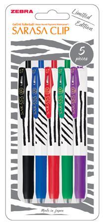 Gélové pero, sada, 0,33 mm, stláčací mechanizmus, pruhované telo, ZEBRA "Sarasa Clip", 5 r 1