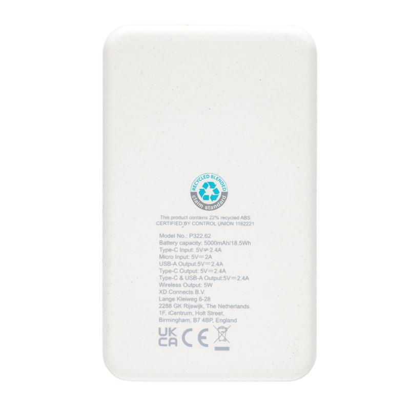 Bezdrôtová powerbanka 5000 mAh 5W z RCS recykl. plastu biela 5