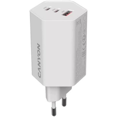 Sieťová nabíjačka, 1×USB-A, 2×USB-C, 65 W, CANYON „Hexagon 65“, biela