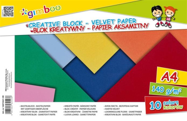 . Farebný zamatový papier, A4, 140 g, 10 listov, "Gimboo", 10 rôznych farieb