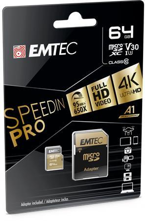 Pamäťová karta, microSDXC, 64GB, UHS-I/U3/V30/A2, 100/95 MB/s, adaptér, EMTEC "SpeedIN" 1