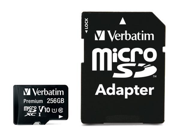 Pamäťová karta, microSDXC, 256GB CL10/U1, 90/10 MB/s, adapter, VERBATIM "Premium" 2