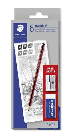 Grafitová ceruzka, sada, šesťhranná, so strúhadlom a gumou, STAEDTLER "Tradition", 6 rôzny
