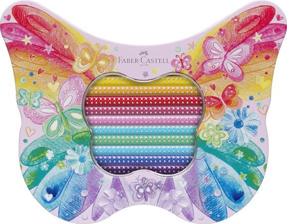 Farebné ceruzky, sada, kovová krabica, FABER-CASTELL "Sparkle", 20 rôznych farieb, motýľ 2