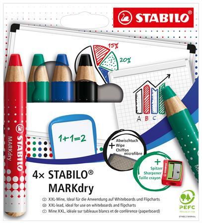 Suchý popisovač na tabuľu a flipchart, kužeľový hrot, STABILO "MARKdry", 4 rôzne farby s u