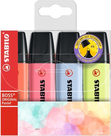 Zvýrazňovač, sada, 2-5 mm, STABILO "BOSS original Pastel3", 4 rôzne farby
