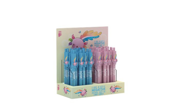 Guľôčkové pero, displej, 0,8 mm, stláčací mechanizmus, mix, ICO "Axolotl", modré