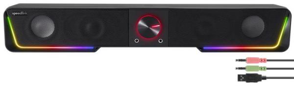 Reproduktor, 12W, 2x3.5 mm jack + USB-A, SPEEDLINK "GRAVITY RGB Stereo Soundbar", čierna 2