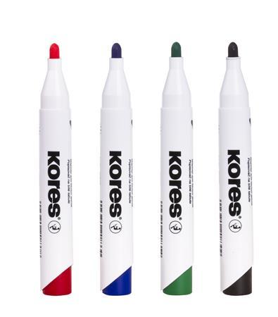 Popisovač na biele a flipchartové tabule, sada, 1-3 mm, kužeľový KORES "K-Marker", 4 rôzne 2
