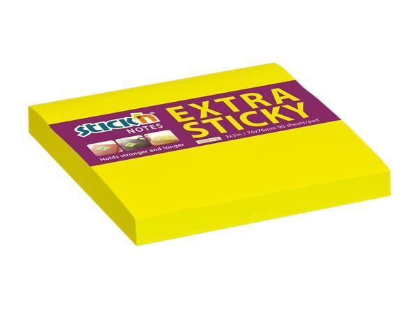 Samolepiaci poznámkový blok, 76x76 mm, 90 listov, STICK N "Extra Sticky", neónová žltá 1