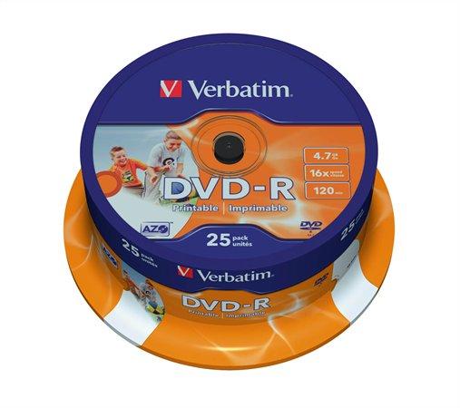 DVD-R disk, potlačiteľný, matný, ID, 4,7GB, 16x, 25 ks, cake box, VERBATIM 1