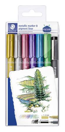 Dekoračný popisovač, 1-2 mm, kužeľový, STAEDTLER, 6 rôznych kovových farieb, darček: čiern