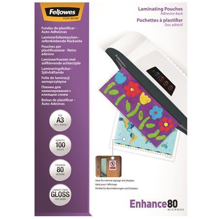 Laminovacia fólia, 80 mikr., A3, lesklá, samolepiaca, 100 ks, FELLOWES 1