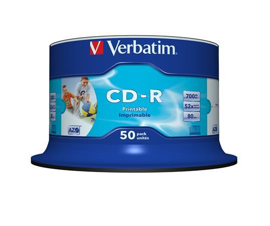 CD-R disk, potlačiteľný, matný, no-ID, AZO, 700MB, 52x, 50 ks, cake box, VERBATIM 2