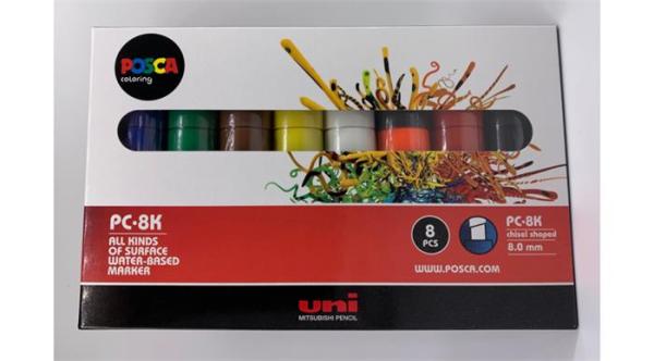Dekoračný popisovač, 8 mm, zrezaný hrot, UNI "Posca PC-8K", 8 rôznych farieb