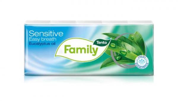 Papierové vreckovky, 3-vrstvové, 10x10 ks, TENTO "Family", eukalyptový olej 1