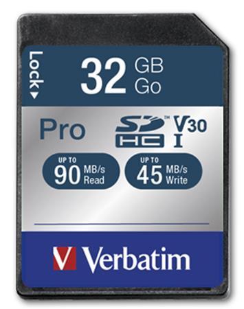 Pamäťová karta, SDHC, 32 GB, CL10/U3, 90/45MB/sec, VERBATIM "PRO" 2