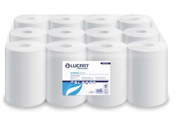 Papierové utierky, kotúčové, vnútorné dávkovanie, 2-vrstvové, LUCART, "Strong 14 CF", sneh 1