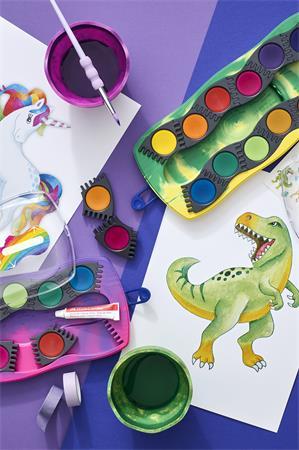 Vodové farby, 12-kusové, skladacie, FABER-CASTELL "Dinosaurus" + 1 tuba bielej temperovej 5