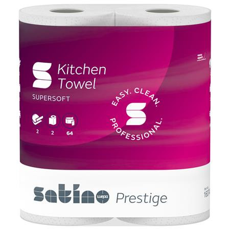 . Papierové utierky, dvojvrstvové, 2 kotúče, 64 listov, "Satino Prestige", biele