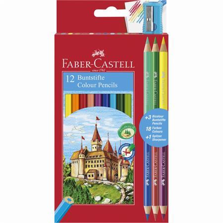 Farebné ceruzky, sada, šesťhranné, FABER-CASTELL, 12 rôznych farieb + 3 ks bicolor ceruzie 1