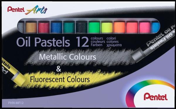Olejové kriedy, PENTEL, "Arts", 12 rôznych fluo a metalických farieb 1