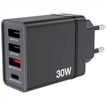 Sieťová nabíjačka, 1xUSB-C PD (20W), USB-A QC 3.0, 2xUSB-A (10W), VERBATIM, čierna 2