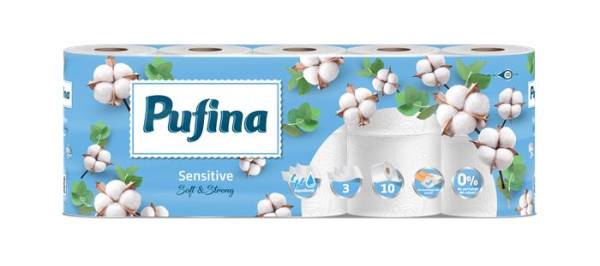 Toaletný papier, 3-vrstvový, malý kotúč, 10 kotúčov, PUFINA "Sensitive Aquabond", bez vône