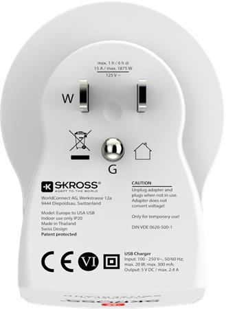 Cestovný adaptér, do USA, USB, uzemnený, SKROSS 3