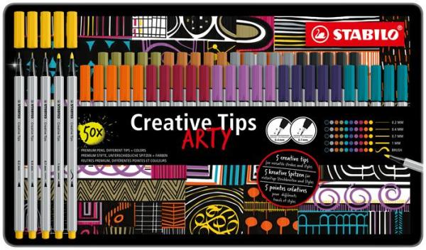 Liner, sada, kovová krabička, STABILO "Creative Tips ARTY", 10 rôznych farieb, 5 rôznych h 1