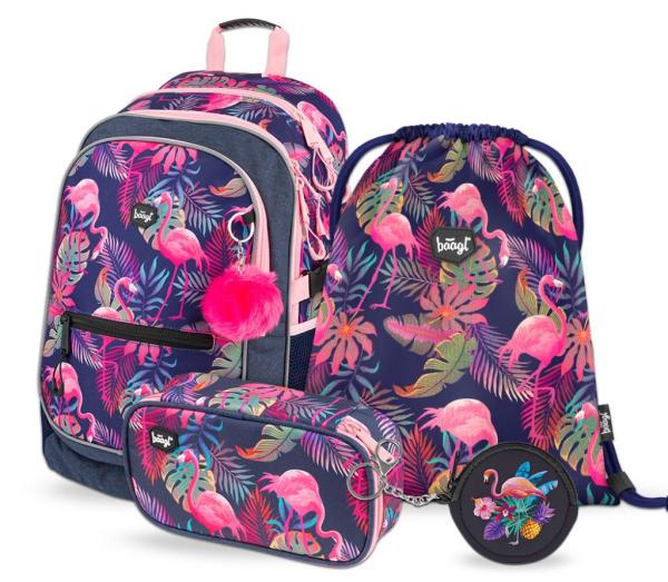 BAAGL SET 4 Flamingo: aktovka, peněženka, penál, sáček