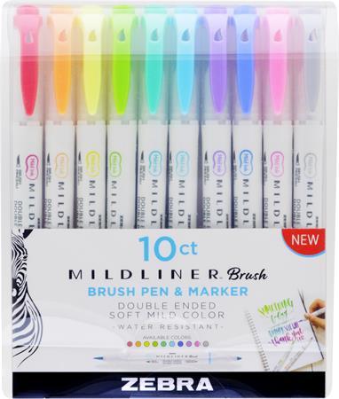Fixky, sada, 0,5/0,7 mm, s dvomi hrotmi, ZEBRA "Mildliner Brush&Marker", 10 rôznych farie