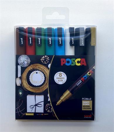 Dekoračný popisovač, sada, 0,9-1,3 mm, UNI "Posca PC-3M Holiday", 8 rôznych farieb 1