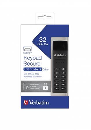 USB kľúč, 32GB, šifrovanie heslom, 160/130Mb/s, USB-C 3.1, VERBATIM "Keypad Secure"