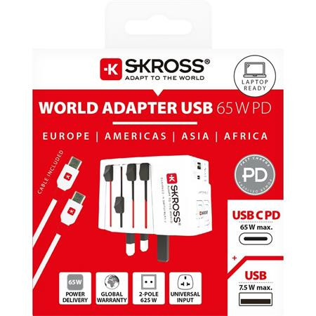 Adaptér pre svetových cestovateľov, 1xUSB-A, 1xUSB-C PD, 65W, USB-C kábel, SKROSS 5