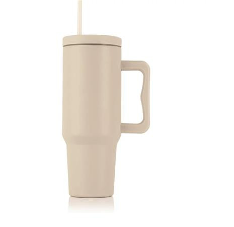. Termohrnček, 1,2 l, so slamkou, s uškom, béžový