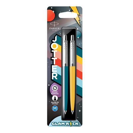 Guľôčkové pero, sada, 0,7 mm, strieborný klip, žlté a modré telo pera, PARKER "Jotter Glam