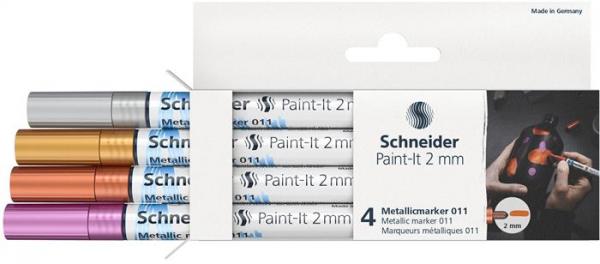 Akrylový popisovač, sada,  2 mm, SCHNEIDER "Paint-It 011", 4 rôzne kovové farby 3