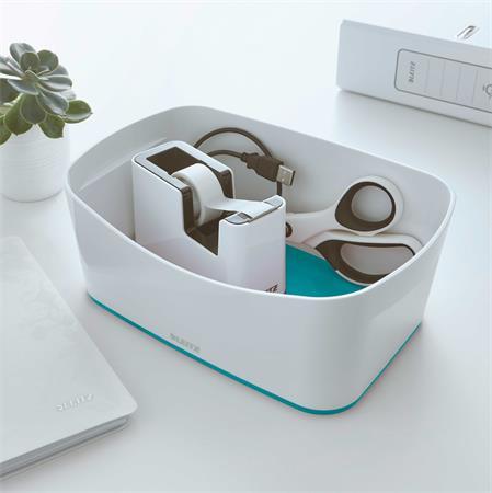 Dispenzor na lepiacu pásku, stolový, naplnený, LEITZ "Wow", biela-ľadovo modrá 4