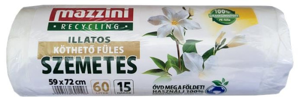 Vrecia na odpadky, recyklované, s uškom, parfumované, 60 l, 15 ks, 59x72 cm, 13 µ, MAZZINI