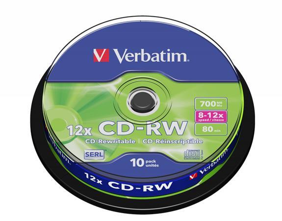 CD-RW disk, prepisovateľný, SERL, 700MB, 8-10x, 10 ks, cake box, VERBATIM 1