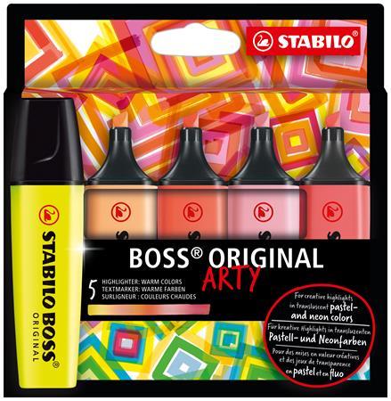 Zvýrazňovač, sada, 2-5 mm, STABILO "BOSS original Arty", 5 teplých farieb 1