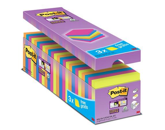 Samolepiaci bloček, 76x76 mm, 24x90 listov, 3M POSTIT "Super Sticky", mix farieb 1