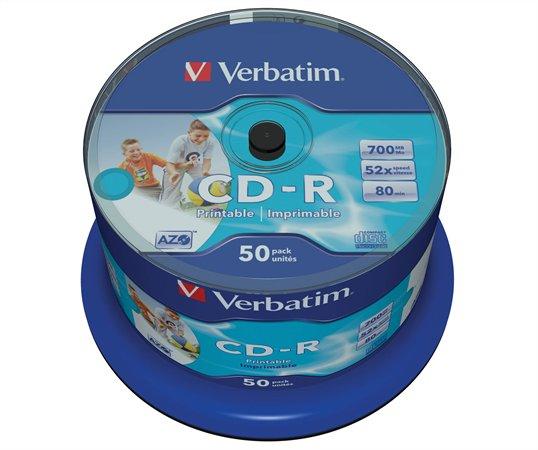CD-R disk, potlačiteľný, matný, no-ID, AZO, 700MB, 52x, 50 ks, cake box, VERBATIM 1