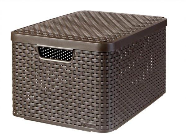 Odkladací box s vekom, s efektom rattanu, 30l, tmavohnedý, CURVER