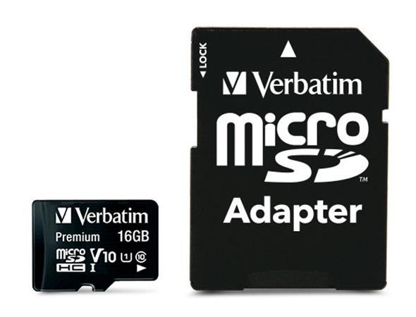Pamäťová karta, microSDHC, 16GB, CL10/U1, 45/10 MB/s, s adaptérom, VERBATIM "Premium" 2