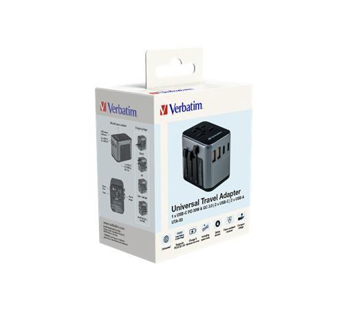 Cestovný adaptér, univerzálny, USB-A(QC 3.0)/USB-C(PD30W)2xUSB, VERBATIM "UTA-03" 3