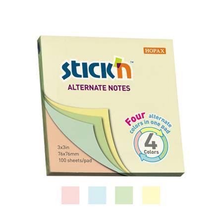 Samolepiaci poznámkový blok, 76x76 mm, 100 listov, STICK N, pastelové farby 1
