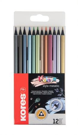 Farebné ceruzky, sada, trojuholníkový tvar, KORES "Kolores Style Metallic", 12 kovových fa